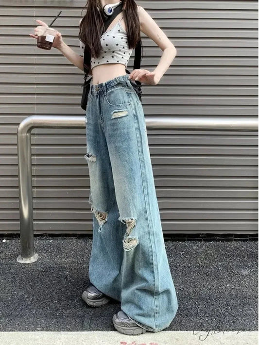 Vintage Torn High-Waisted Slimming Loose-Fitting Long Women’s Jean