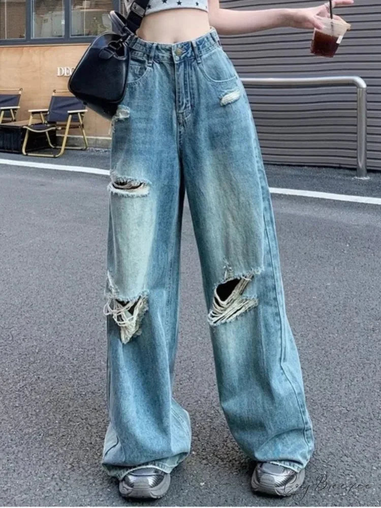 Vintage Torn High-Waisted Slimming Loose-Fitting Long Women’s Jean Blue / S