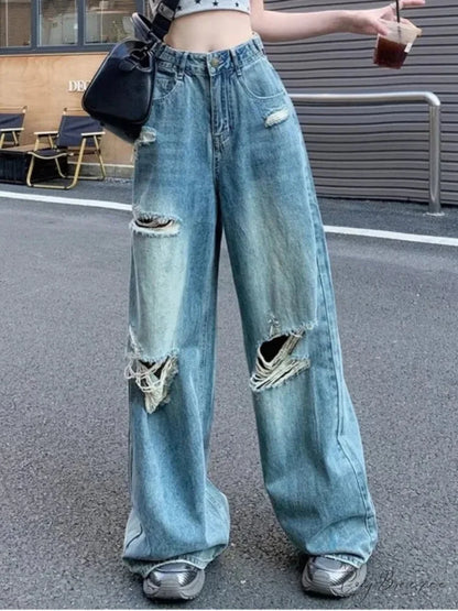 Vintage Torn High-Waisted Slimming Loose-Fitting Long Women’s Jean Blue / S