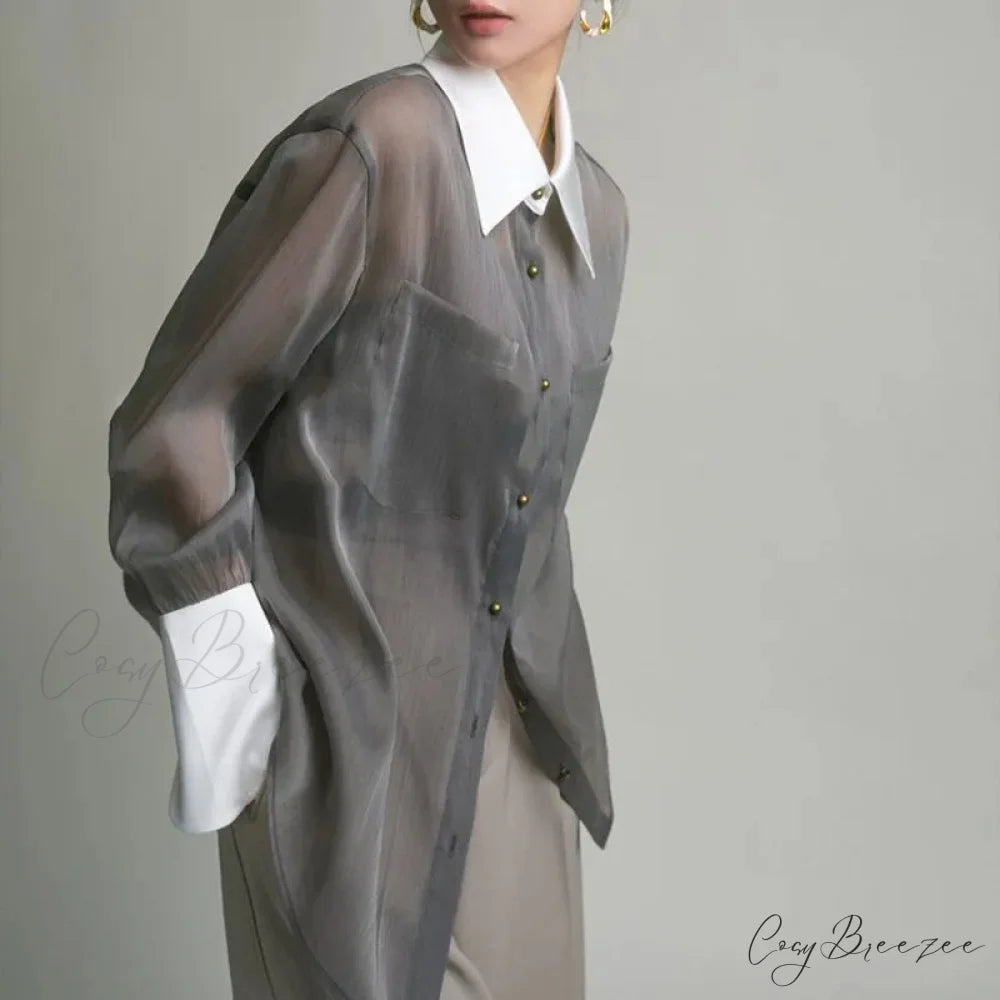 Vintage Transparent Extended Sleeve Sun-Proof Shirt blouse-250223