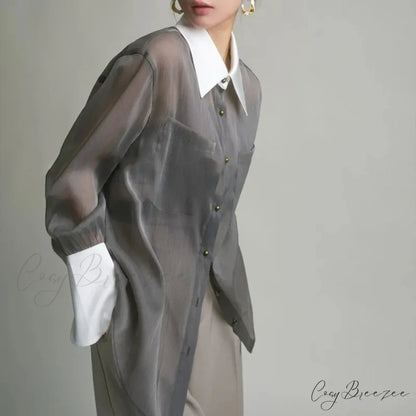 Vintage Transparent Extended Sleeve Sun-Proof Shirt blouse-250223
