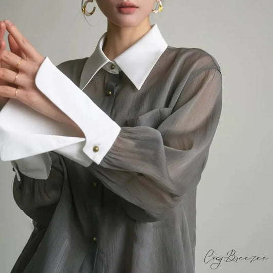 Vintage Transparent Extended Sleeve Sun-Proof Shirt blouse-250223