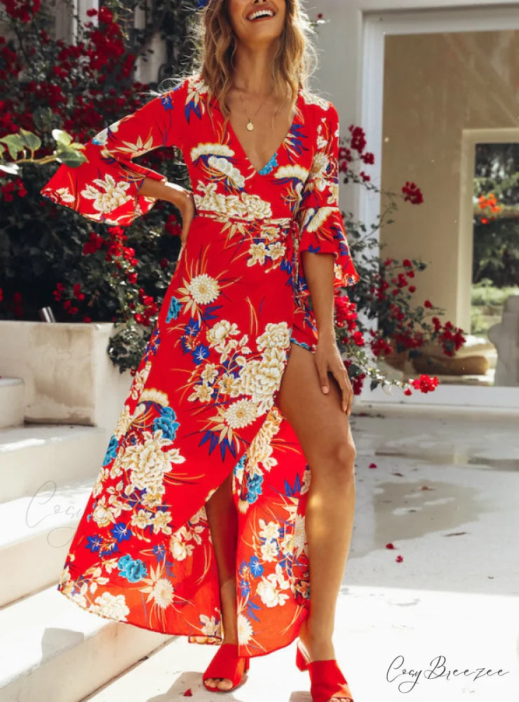 Vintage V Neck Floral Print Summer Maxi Dress for Women M / Black