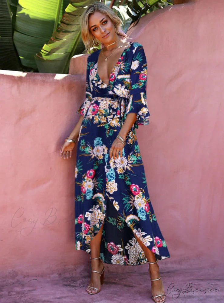 Vintage V Neck Floral Print Summer Maxi Dress for Women M / Green