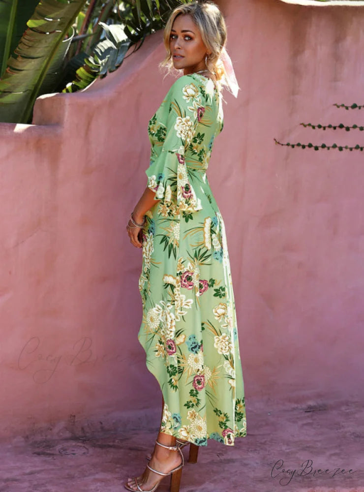 Vintage V Neck Floral Print Summer Maxi Dress for Women S / Blue