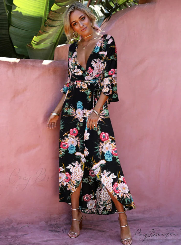 Vintage V Neck Floral Print Summer Maxi Dress for Women S / Khaki