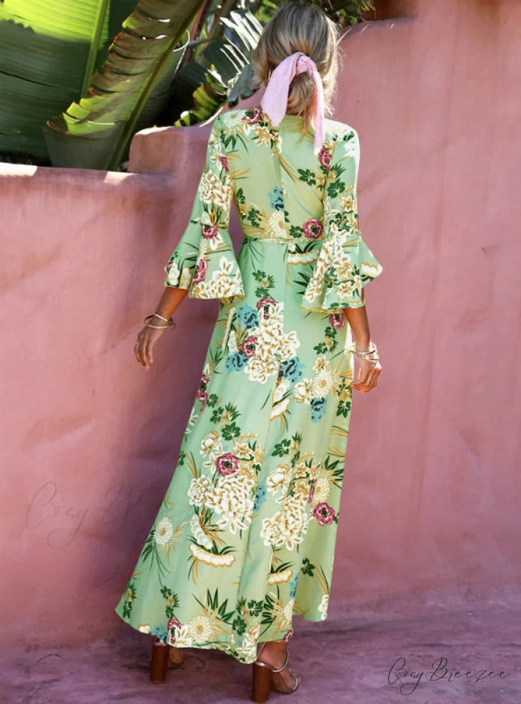 Vintage V Neck Floral Print Summer Maxi Dress for Women S / Red