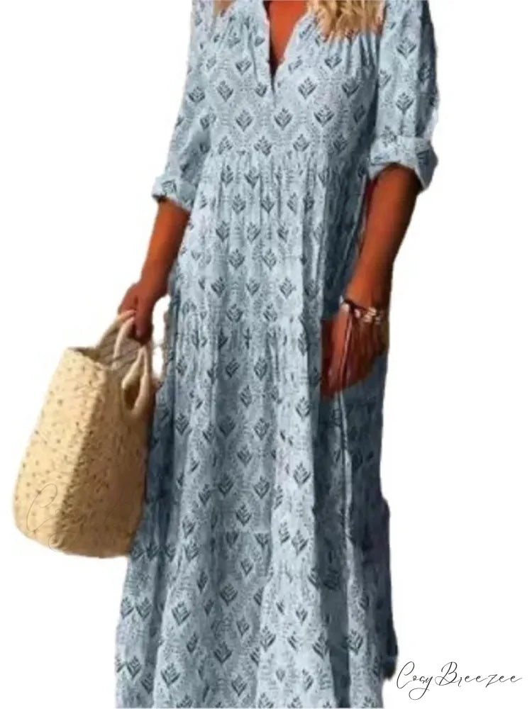 Vintage V-neck Flower Printed Maxi Boho Dress
