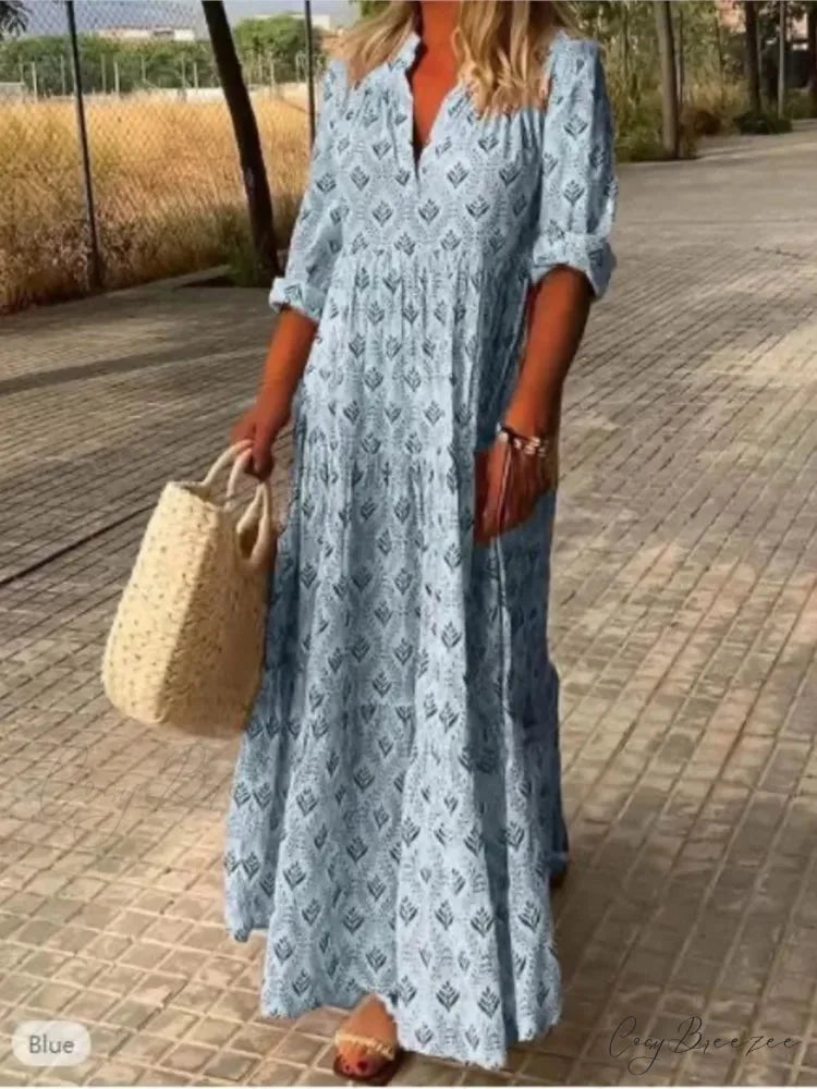 Vintage V-neck Flower Printed Maxi Boho Dress