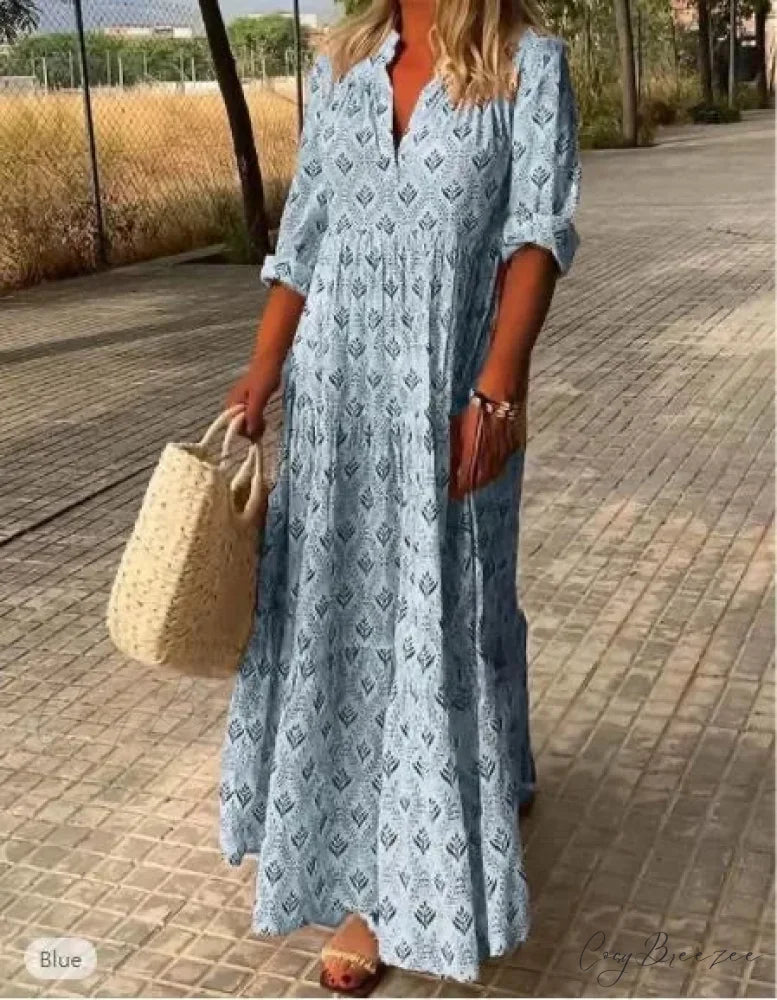 Vintage V-neck Flower Printed Maxi Boho Dress Sky blue / S