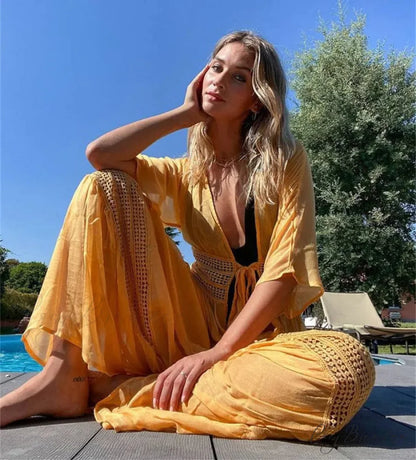 Vintage V-neck White Lace Boho Bikini Cover Up Yellow / One Size bohocoverup-250126