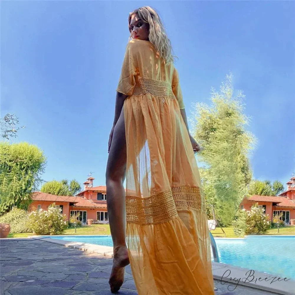 Vintage V-neck White Lace Boho Bikini Cover Up Yellow / One Size bohocoverup-250126