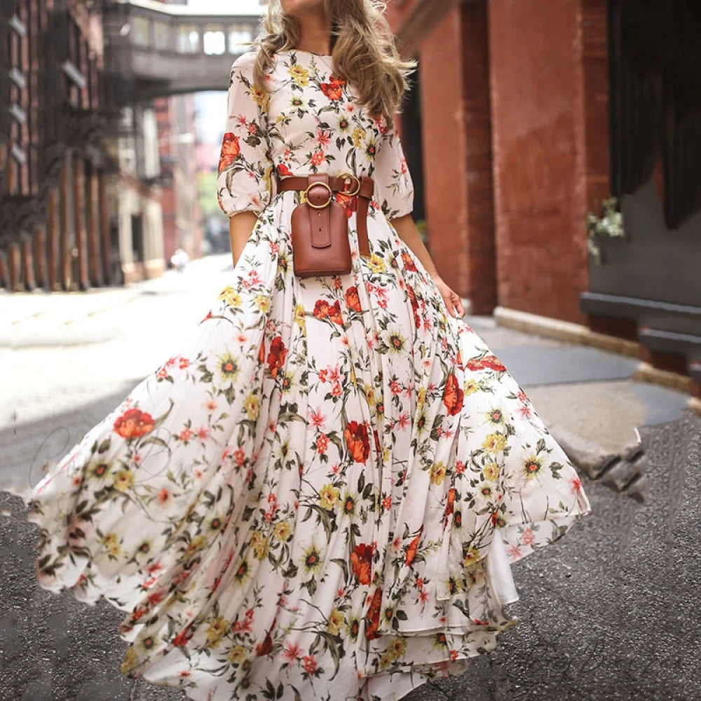 Vintage Warm-Season Printing Gown Flowered Long Fashion Elegant Three Party Quarter O-Neck Arm Streetwear 01 Print / S