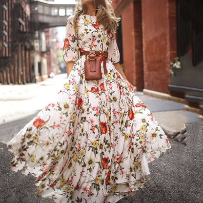 Vintage Warm-Season Printing Gown Flowered Long Fashion Elegant Three Party Quarter O-Neck Arm Streetwear 01 Print / S