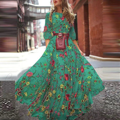 Vintage Warm-Season Printing Gown Flowered Long Fashion Elegant Three Party Quarter O-Neck Arm Streetwear 02 Print / S