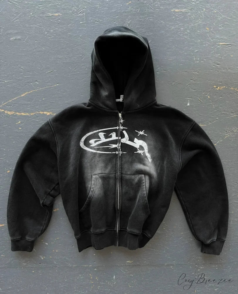 Vintage Wash Zip-Up Hoodie black 2 / M hoodies-241228