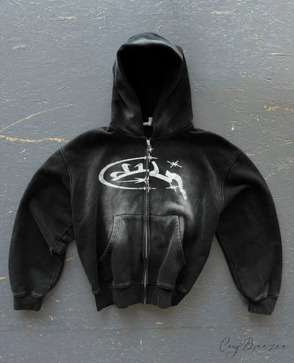Vintage Wash Zip-Up Hoodie black 2 / M hoodies-241228