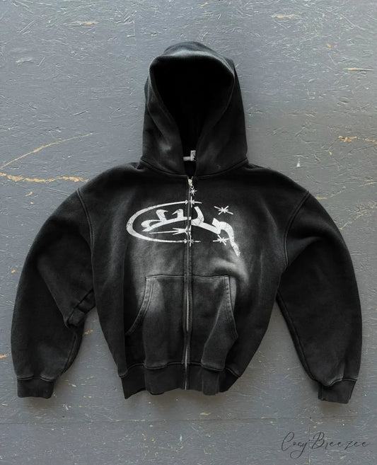 Vintage Wash Zip-Up Hoodie black 2 / M hoodies-241228