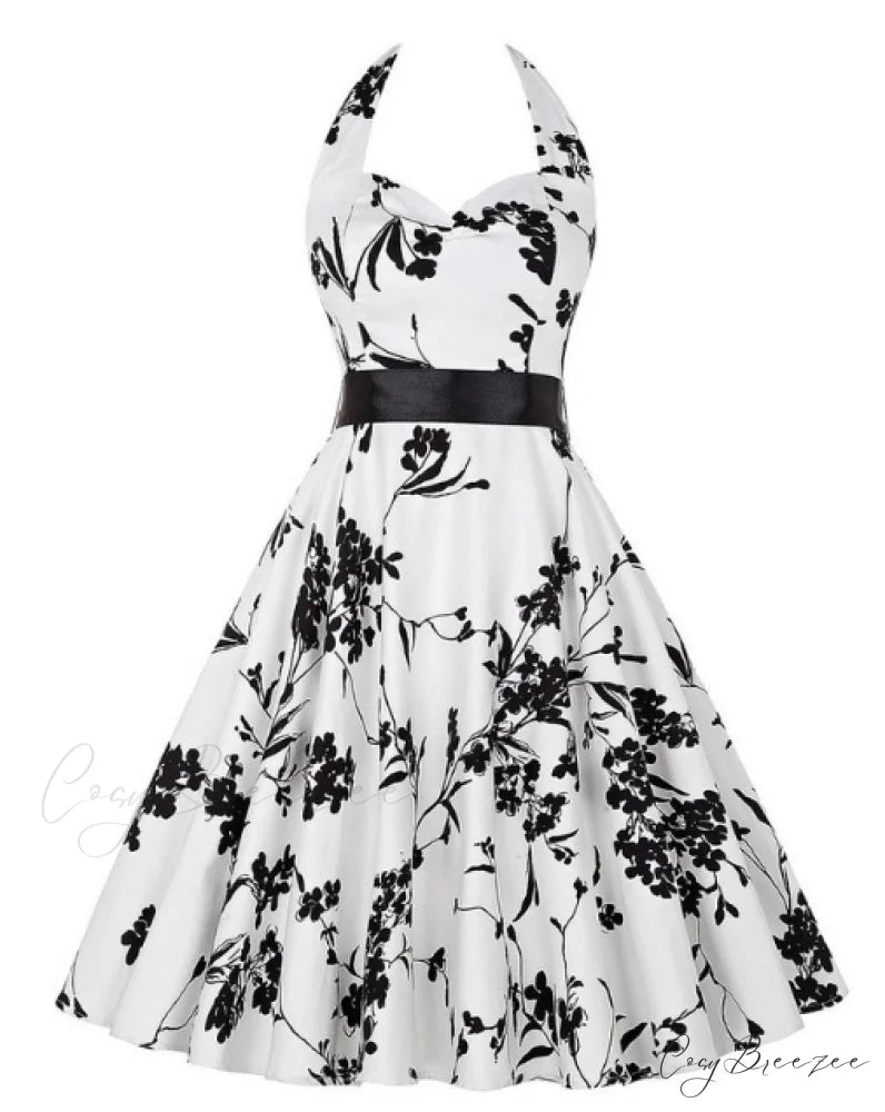 Vintage White Cherry Print Dress for Women S / WHITE