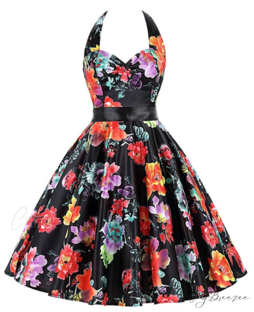 Vintage White Cherry Print Dress for Women S / BLACK