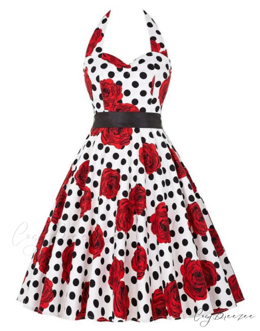 Vintage White Cherry Print Dress for Women S / RED