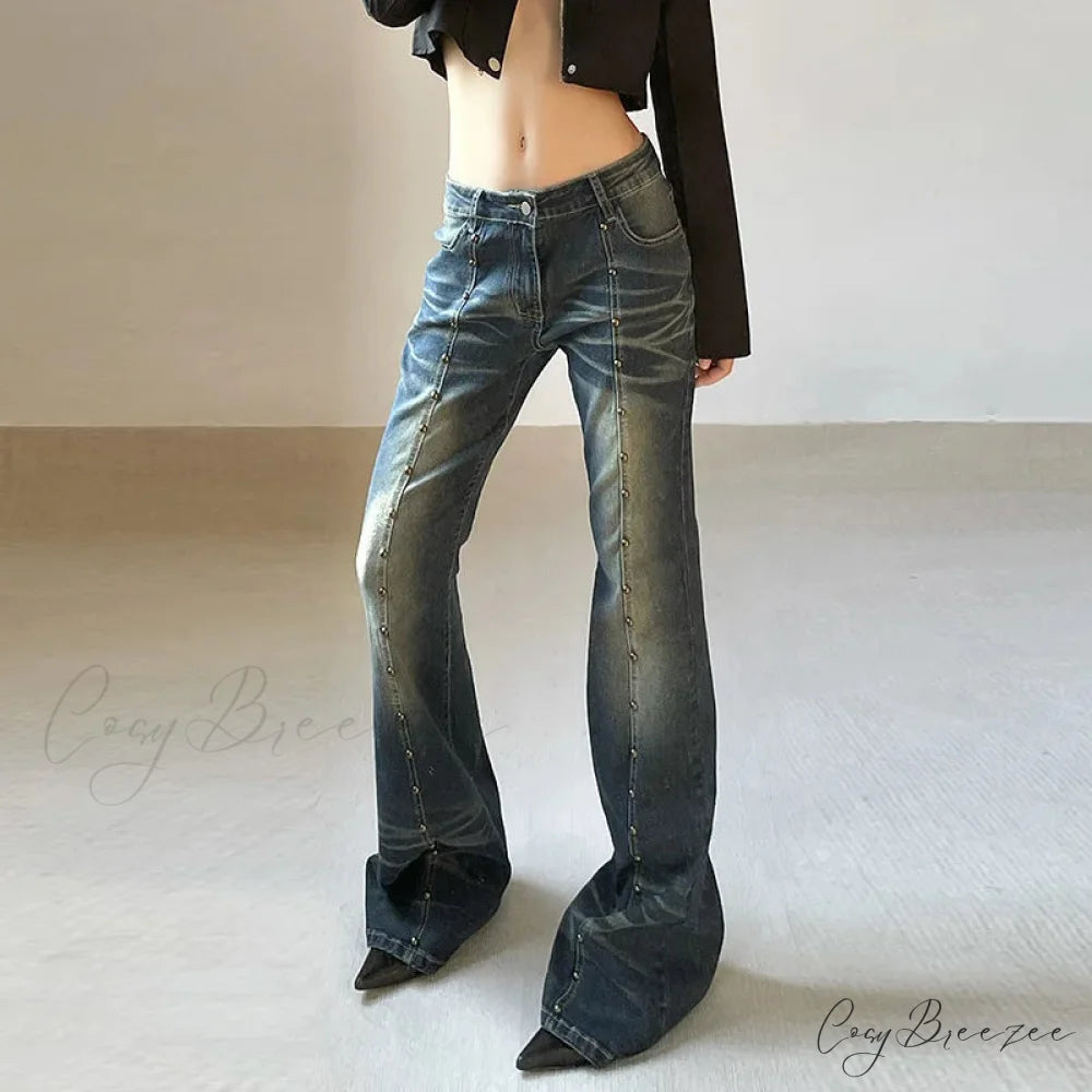 Vintage Woman Low Rise Rivet Stitching Distressed Y2K Flared 90s Streetwear Women Jean