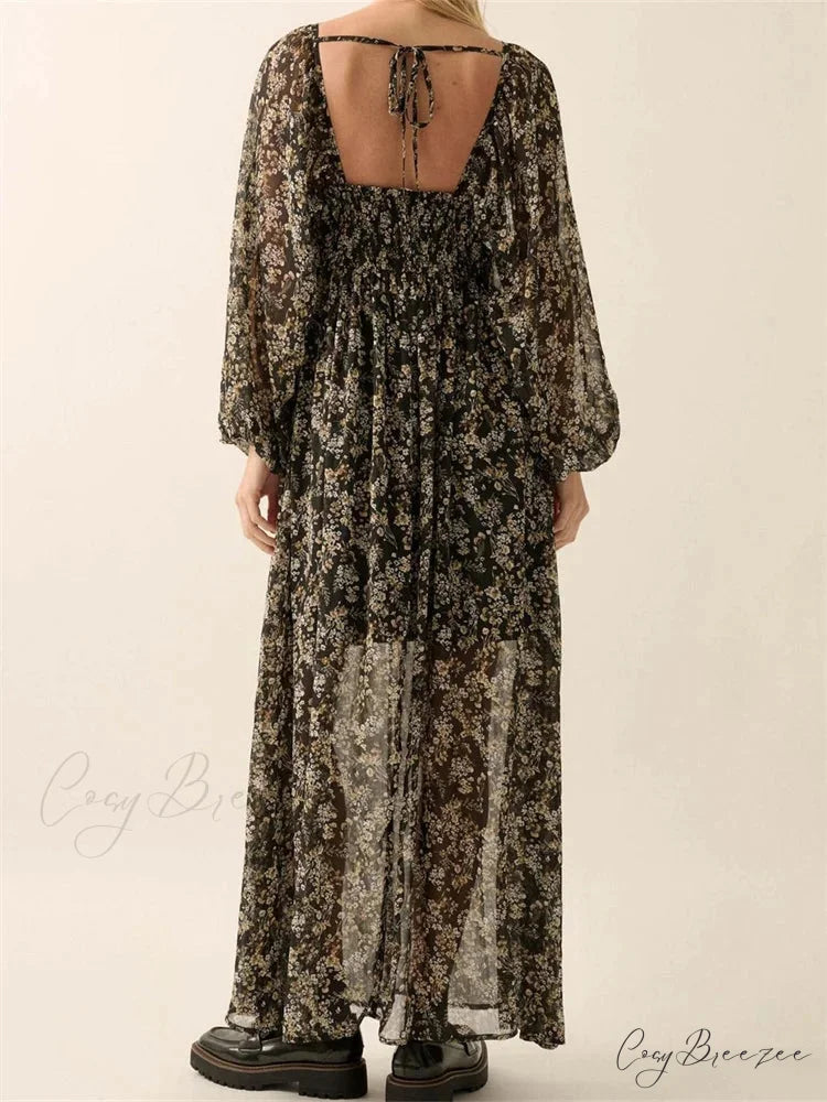 Vintage Women Bohemian Floral Print Summer Sleeve V Neck High Waist Chiffon Flowy Vestidos