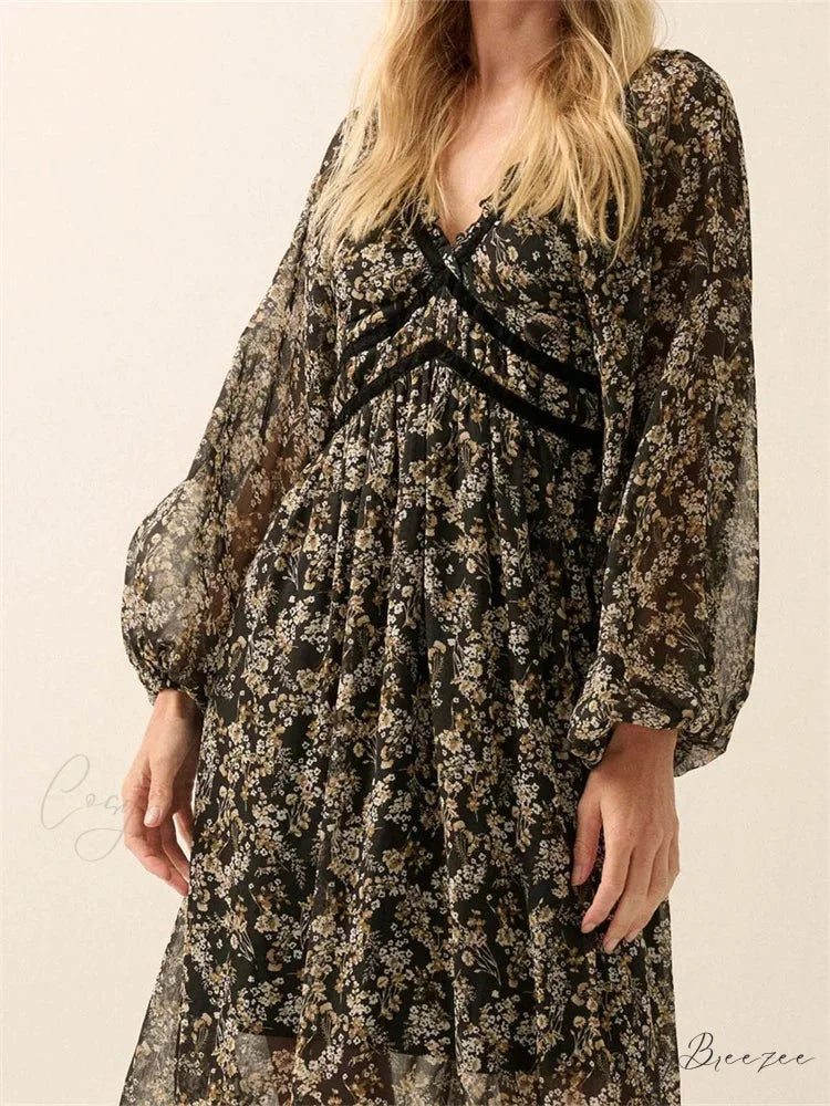 Vintage Women Bohemian Floral Print Summer Sleeve V Neck High Waist Chiffon Flowy Vestidos