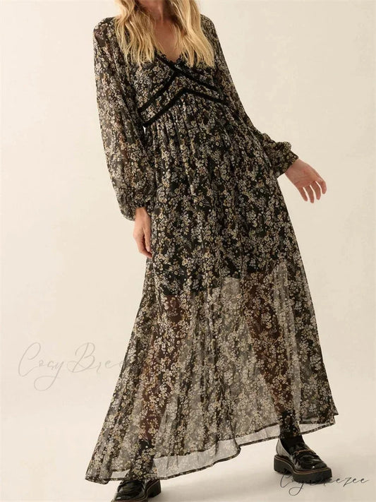 Vintage Women Bohemian Floral Print Summer Sleeve V Neck High Waist Chiffon Flowy Vestidos BLACK / S