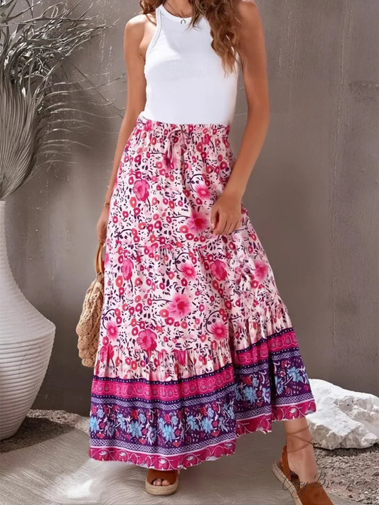 Vintage Women Elastic Boho Pink Floral Printed Vacation Beach Skirt Pink / S skirt-250126