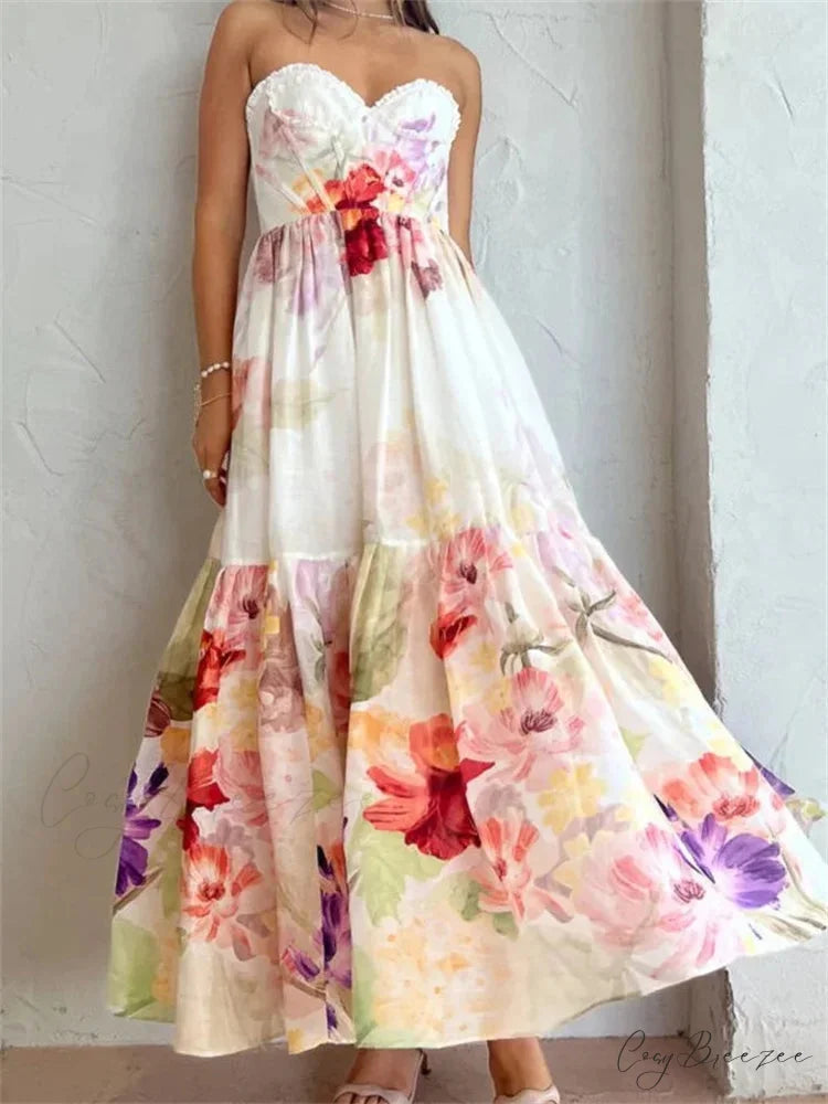 Vintage Women High Waist Sleeveless Strap Lace Push Up Flower Print Summer Beach Female Vestido