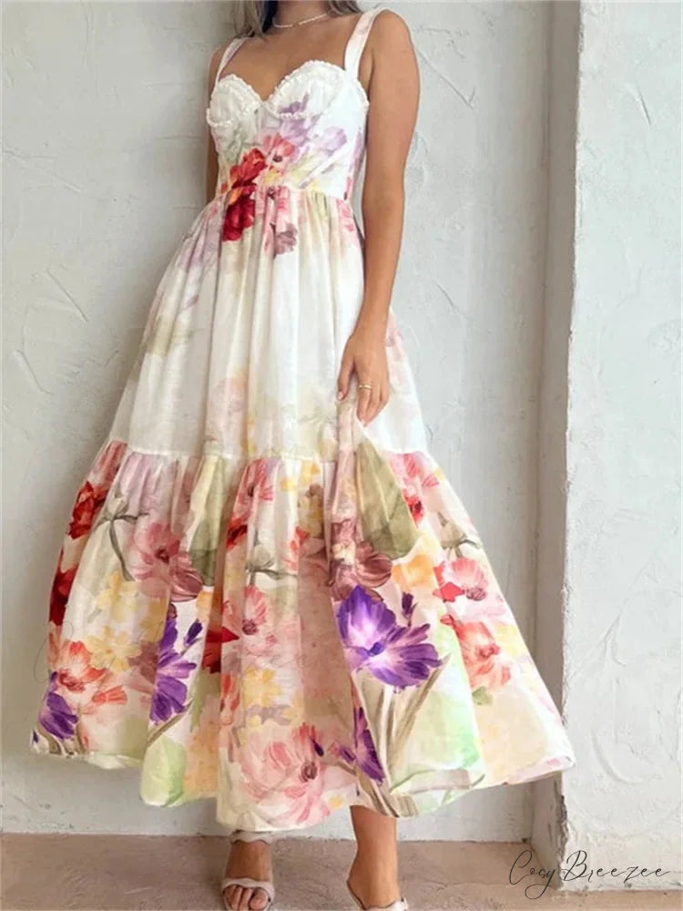 Vintage Women High Waist Sleeveless Strap Lace Push Up Flower Print Summer Beach Female Vestido WHITE / S
