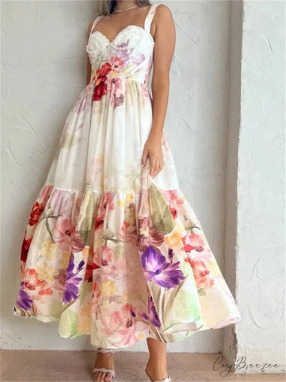 Vintage Women High Waist Sleeveless Strap Lace Push Up Flower Print Summer Beach Female Vestido WHITE / S