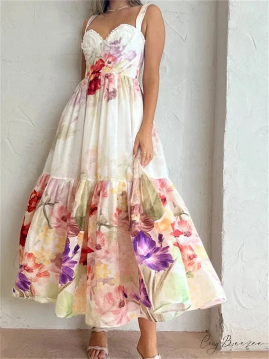Vintage Women High Waist Sleeveless Strap Lace Push Up Flower Print Summer Beach Female Vestido WHITE / S