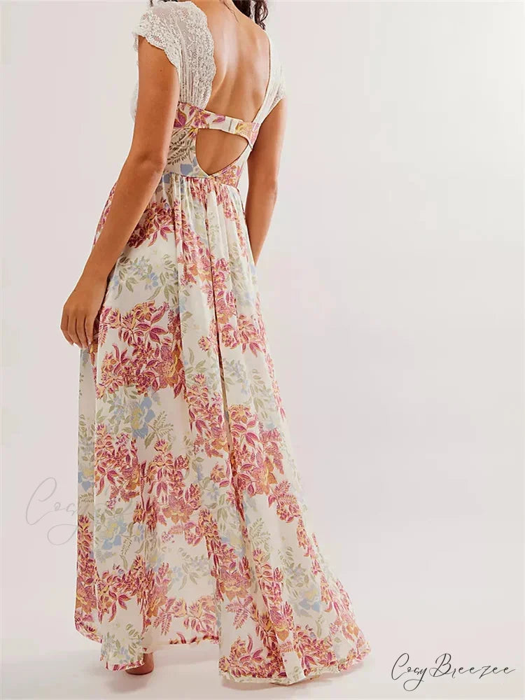 Vintage Women Lace Short Sleeve Casual Floral Print Backless Beach Party Split Summer Vestidos