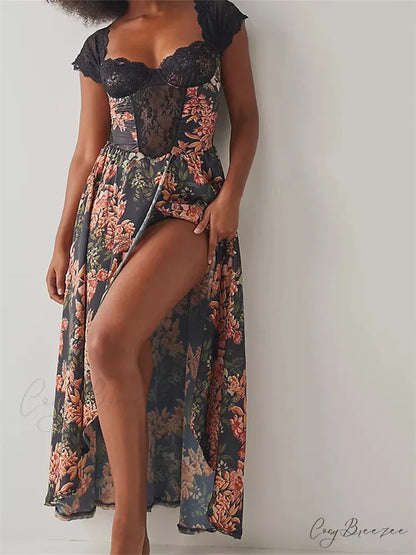 Vintage Women Lace Short Sleeve Casual Floral Print Backless Beach Party Split Summer Vestidos BLACK / S