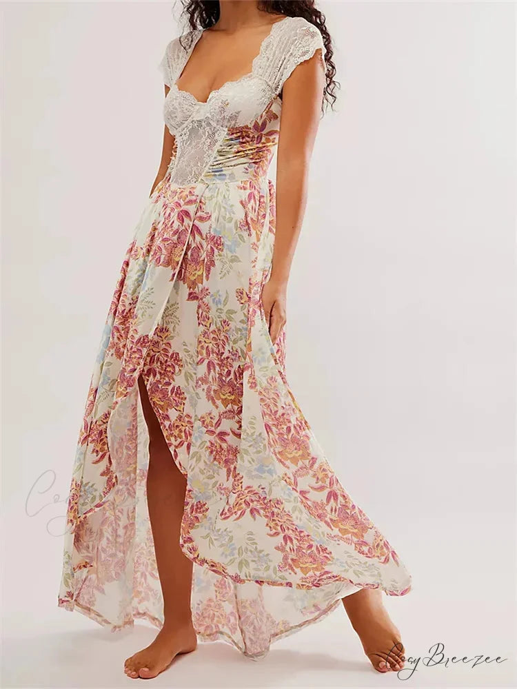 Vintage Women Lace Short Sleeve Casual Floral Print Backless Beach Party Split Summer Vestidos WHITE / S