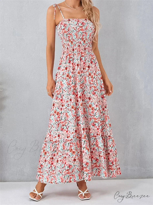 Vintage Women Sleeveless Tie-up Spaghetti Strap Floral Print Summer Party Beach Female Vestidos PINK / S