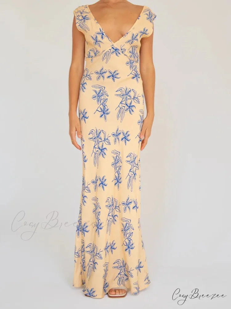 Vintage Women Sleeveless V-neck Backless Flower Print Summer for Vacation Party Female Vestidos