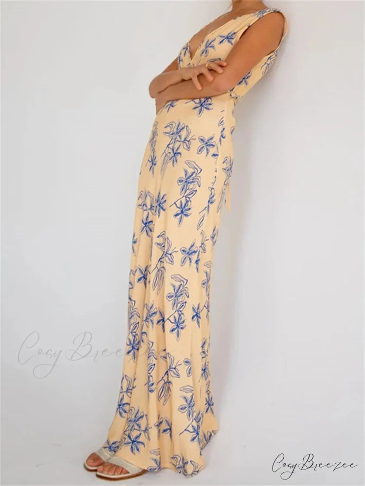 Vintage Women Sleeveless V-neck Backless Flower Print Summer for Vacation Party Female Vestidos