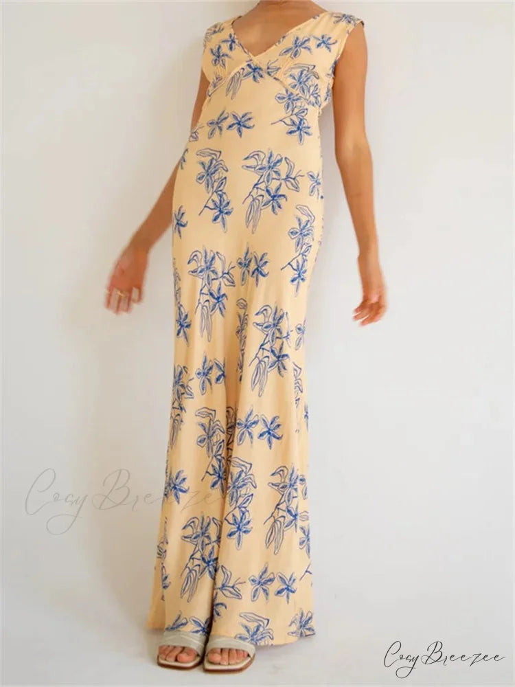 Vintage Women Sleeveless V-neck Backless Flower Print Summer for Vacation Party Female Vestidos BEIGE / S