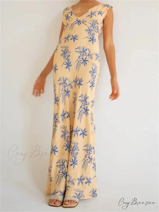 Vintage Women Sleeveless V-neck Backless Flower Print Summer for Vacation Party Female Vestidos BEIGE / S
