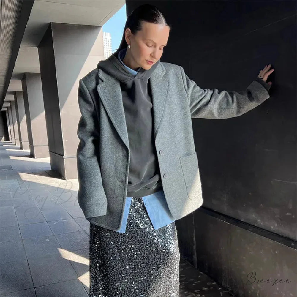 Vintage Wool Button Turn-Down Coat A-Gray / S overcoats-241228