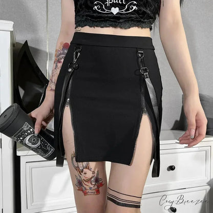Vintage Y2k Dark Double Zipper Bag Hip Split Gothic Design Tight Harajuku Black Gothic Bag Hip Skirt BLACK / XS