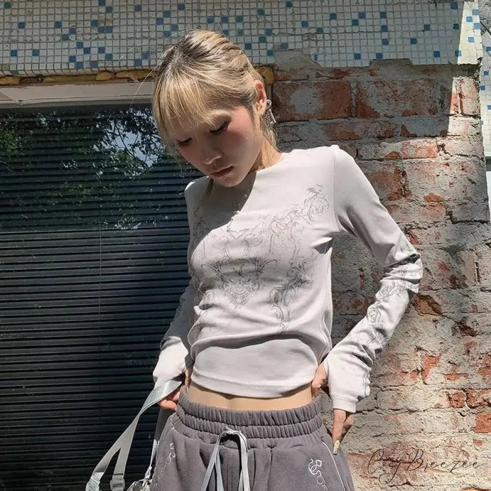 Vintage Y2K Gothic Long Sleeve O-neck Stylish Elegant Trendy Classic Casual Crop Top GRAY / S