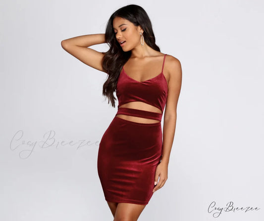 Visions Of Stylish Velvet Mini Dress BURGUNDY / XS
