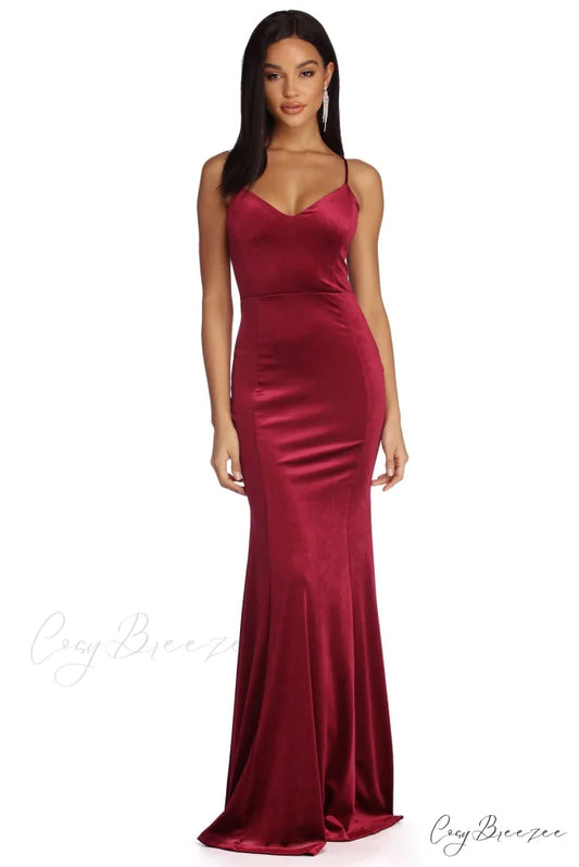 Viviana Formal Velvet Charming Open Back Dress BURGUNDY / S
