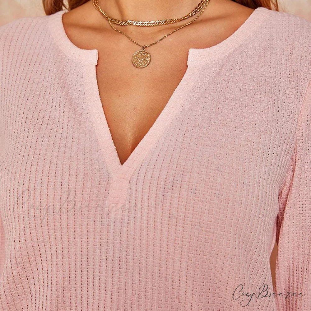 Waffle Neck Tops Knit Henley V for Women