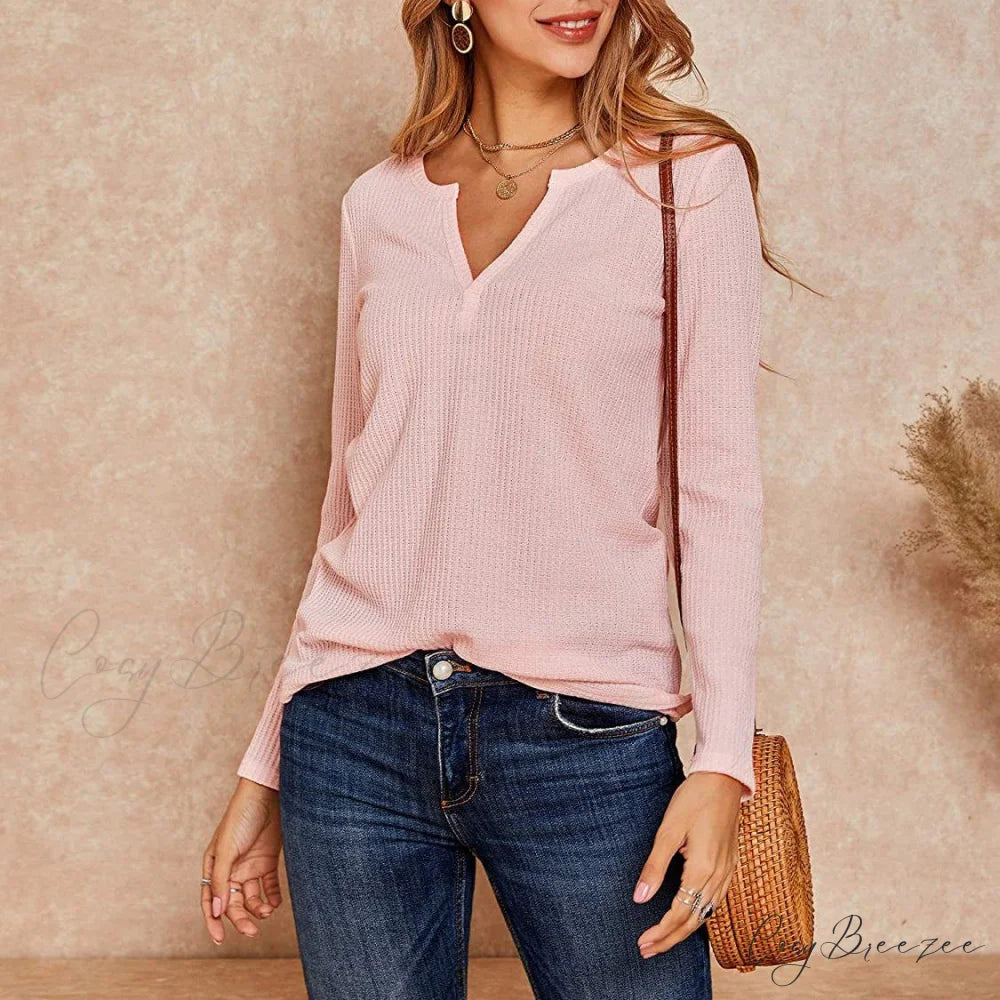 Waffle Neck Tops Knit Henley V for Women