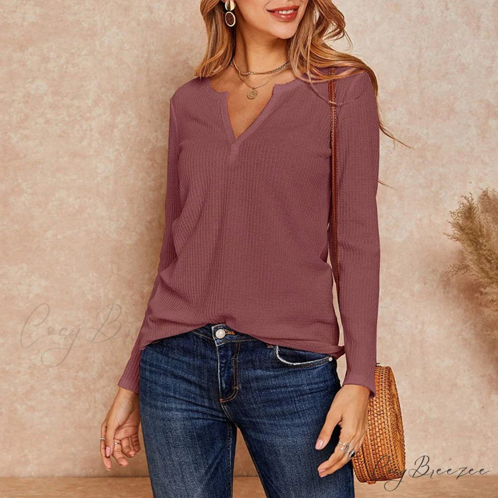 Waffle Neck Tops Knit Henley V for Women
